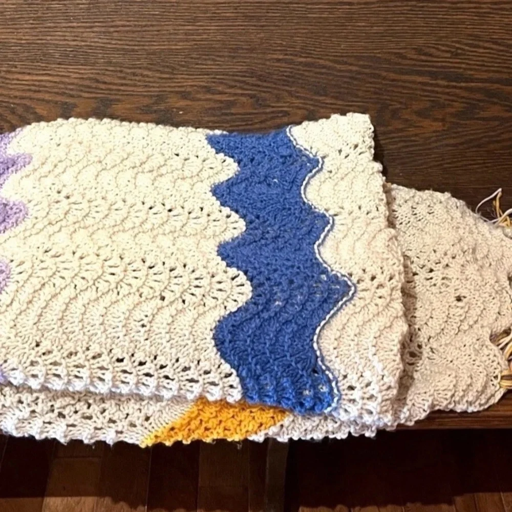 Hand Crocheted Knit Twin Size Afghan Throw Blanket Cream, Yellow, Purple & Blue